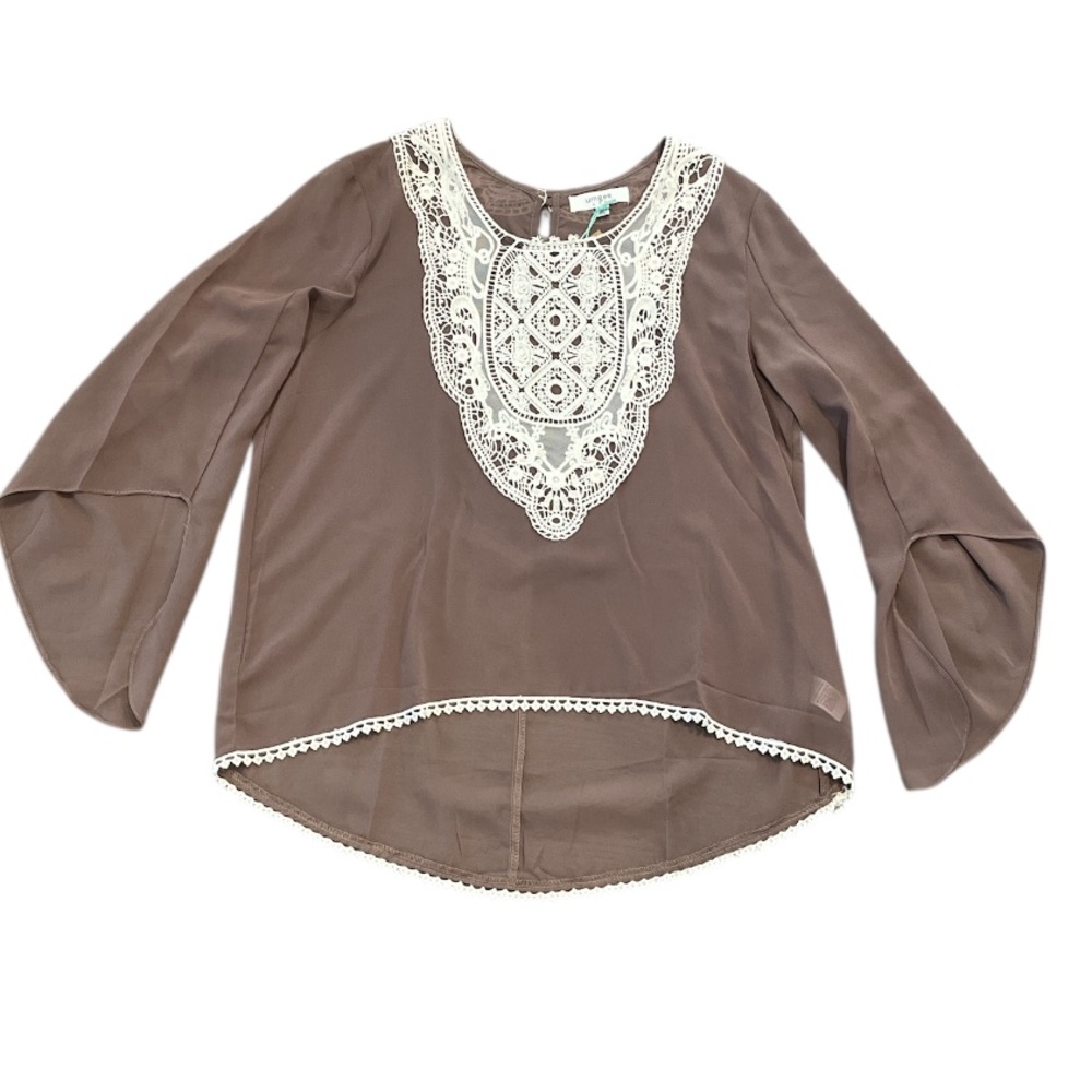 New Umgee Mocha Brown Large Sheer Patch Lace Tunic With Bell Sleeves